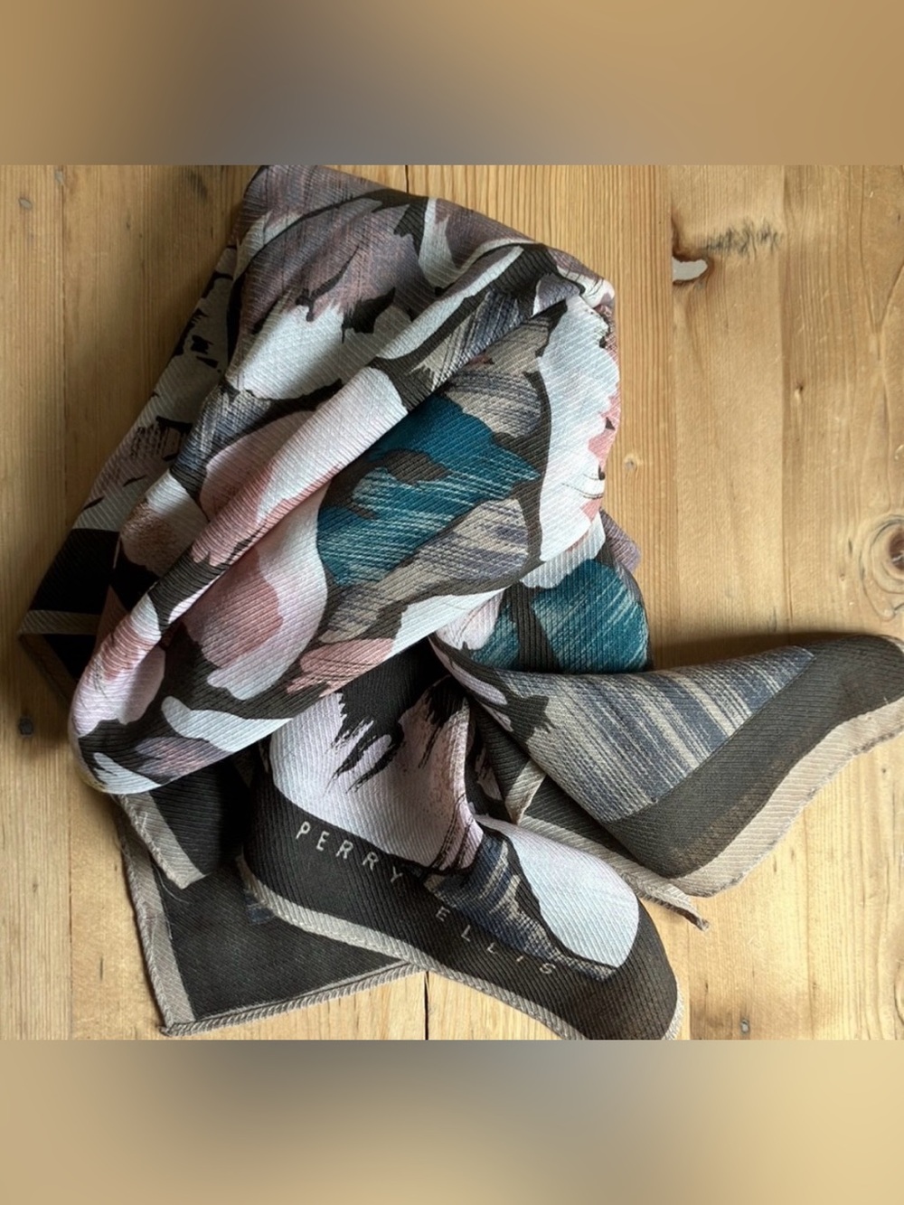Perry Ellis floral colorful square scarf with brown background